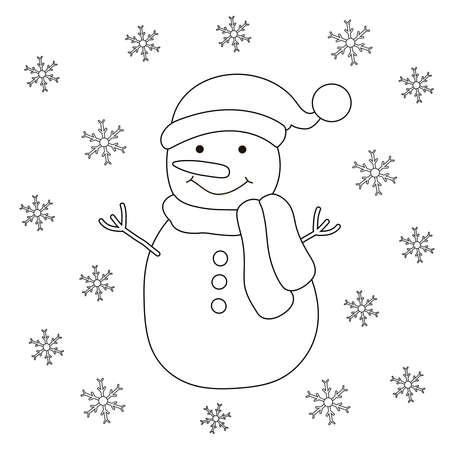 Coloring page snowman and snowflakes vector background