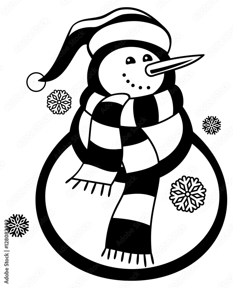 Contour snowman and snowflakes a white background coloring page vector