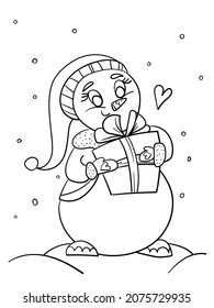 Cute snow girl gift coloring page stock vector royalty free