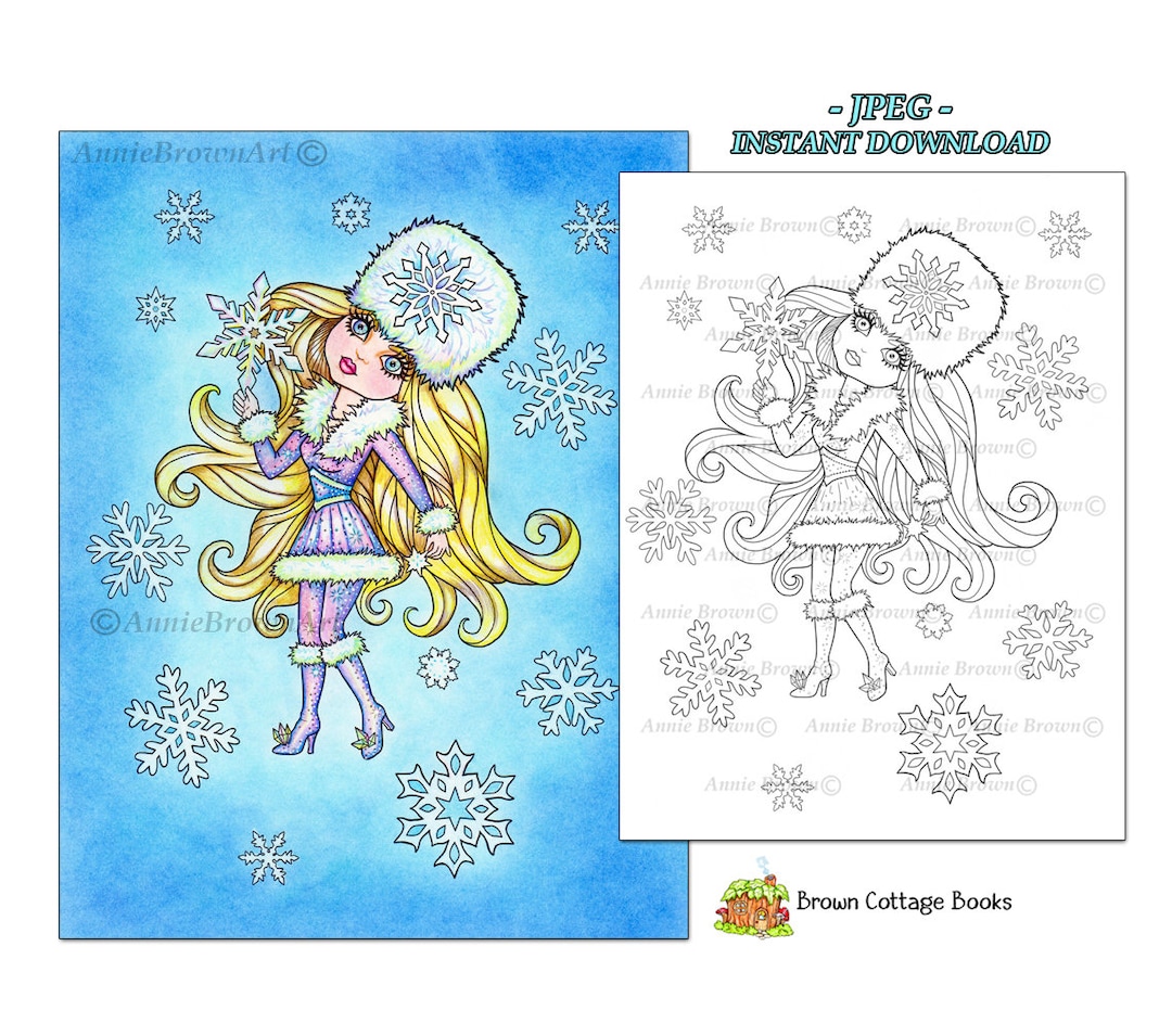 Snow girl coloring page fantasy art printable download line