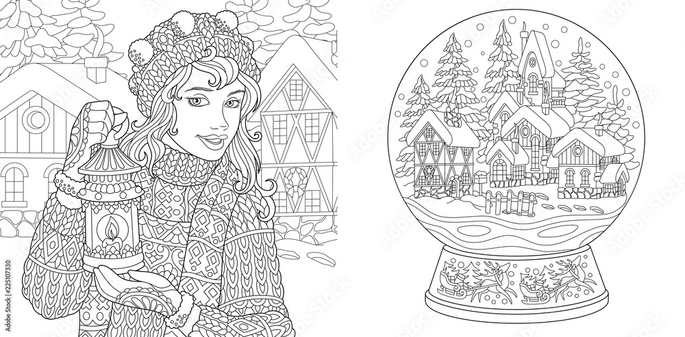Coloring pages with winter girl and magic snow ball vector