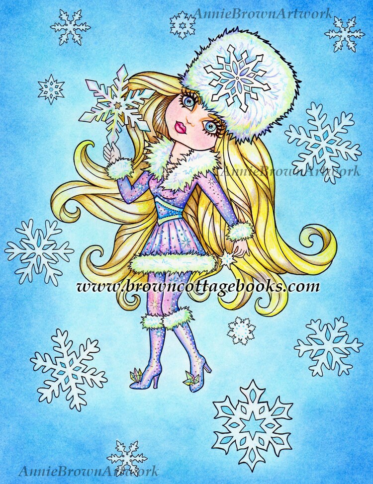 Snow girl coloring page fantasy art printable download line