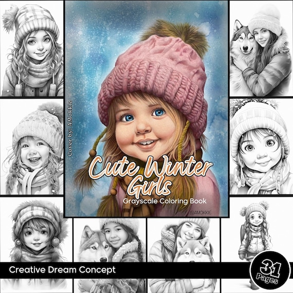 Cute winter girls coloring page for adults adorable girls grayscale coloring book winter theme easy printable snow girl pdf instant download