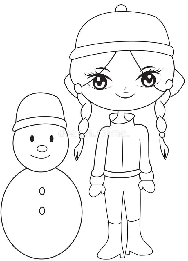 Child in a winter outfit coloring page stock illustration