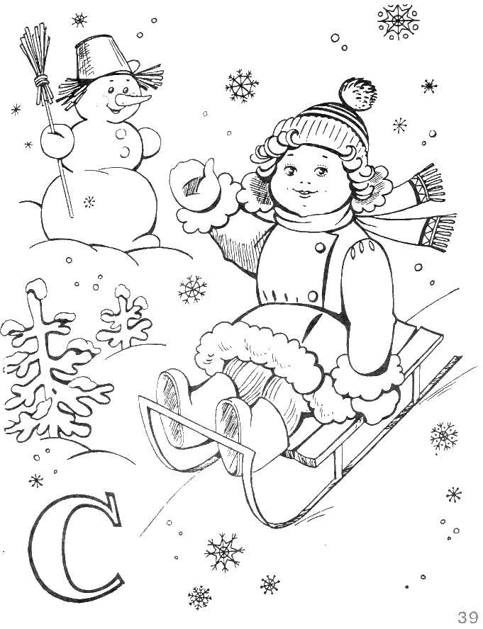 Online coloring pages girl coloring girl on a sled winter