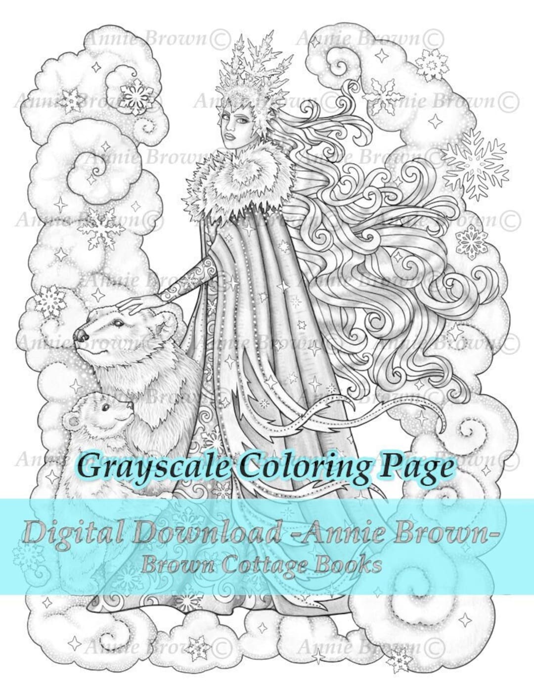 Grayscale coloring snow queen adult coloring pages fantasy art printable download art polar bear queen crown by annie brown