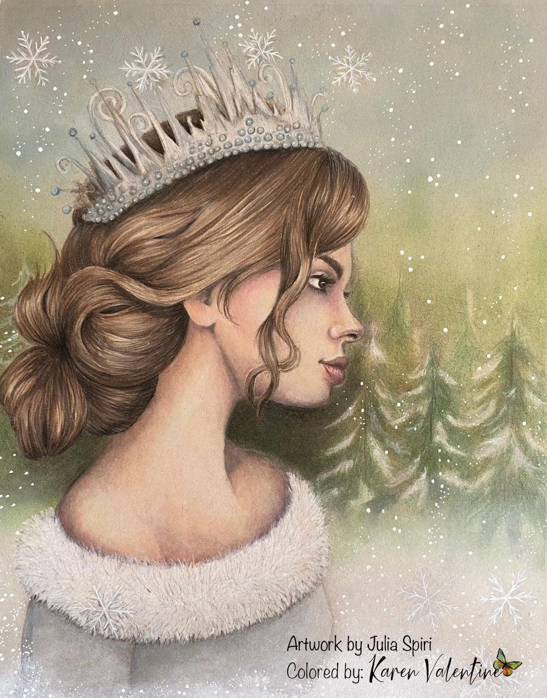 Grayscale coloring page snow girl with crown winter queen â the art of julia spiri