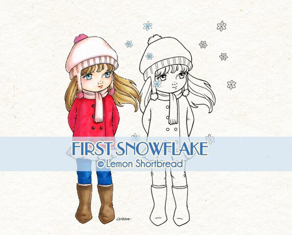 Digital stamp winter snowflake digi download snow girl merry christmas children coloring page scrapbooking crafting