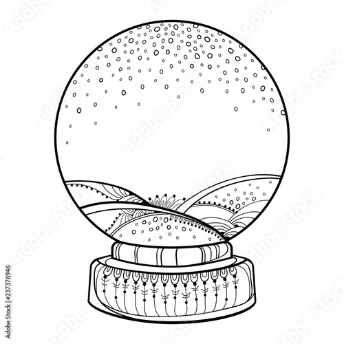 Vector outline empty snow globe or snowball with falling snowflakes in black isolated on white background contour decoration for new year holiday design and christmas coloring book vector