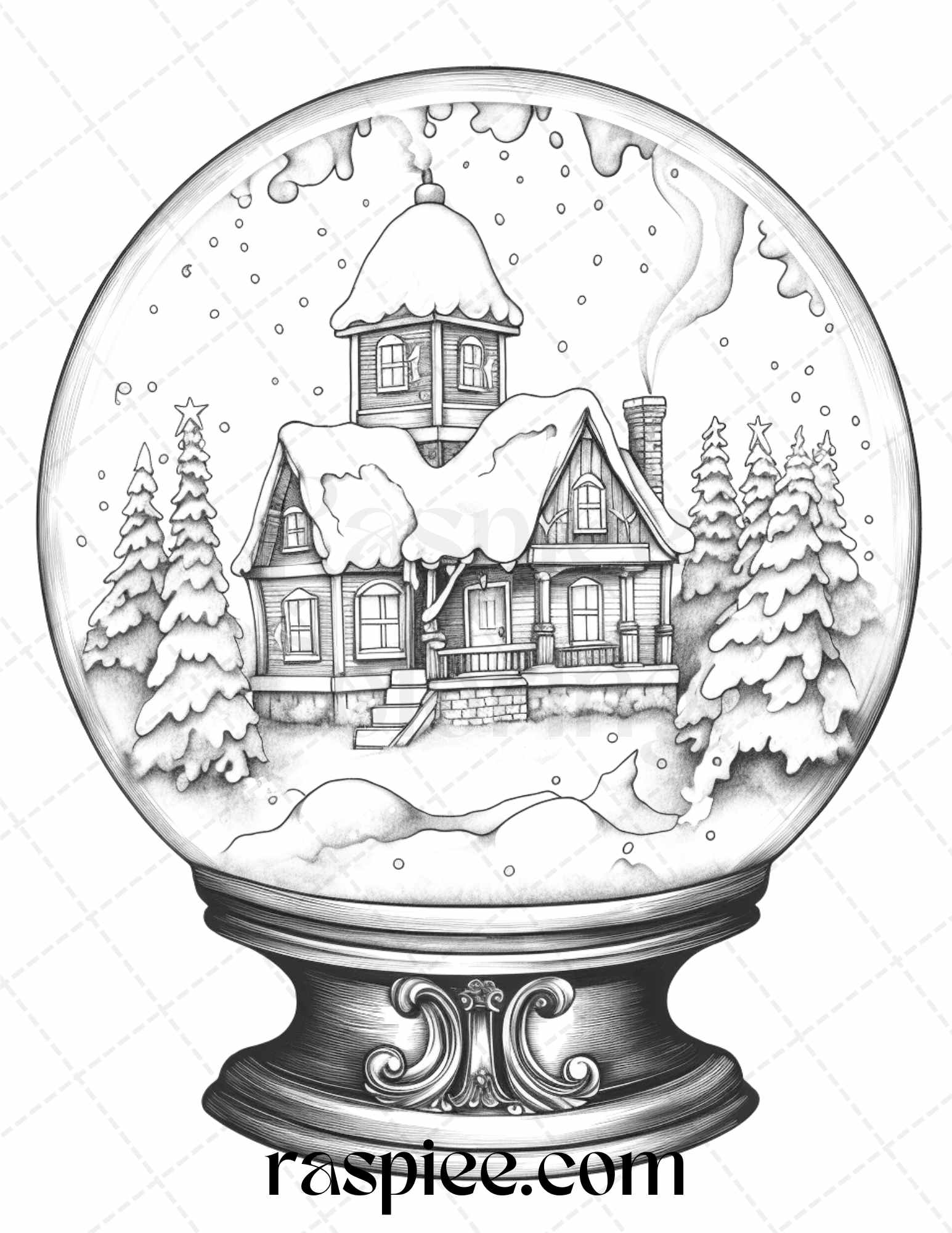 Cozy cabin in snow globe grayscale coloring pages printable for adults â coloring