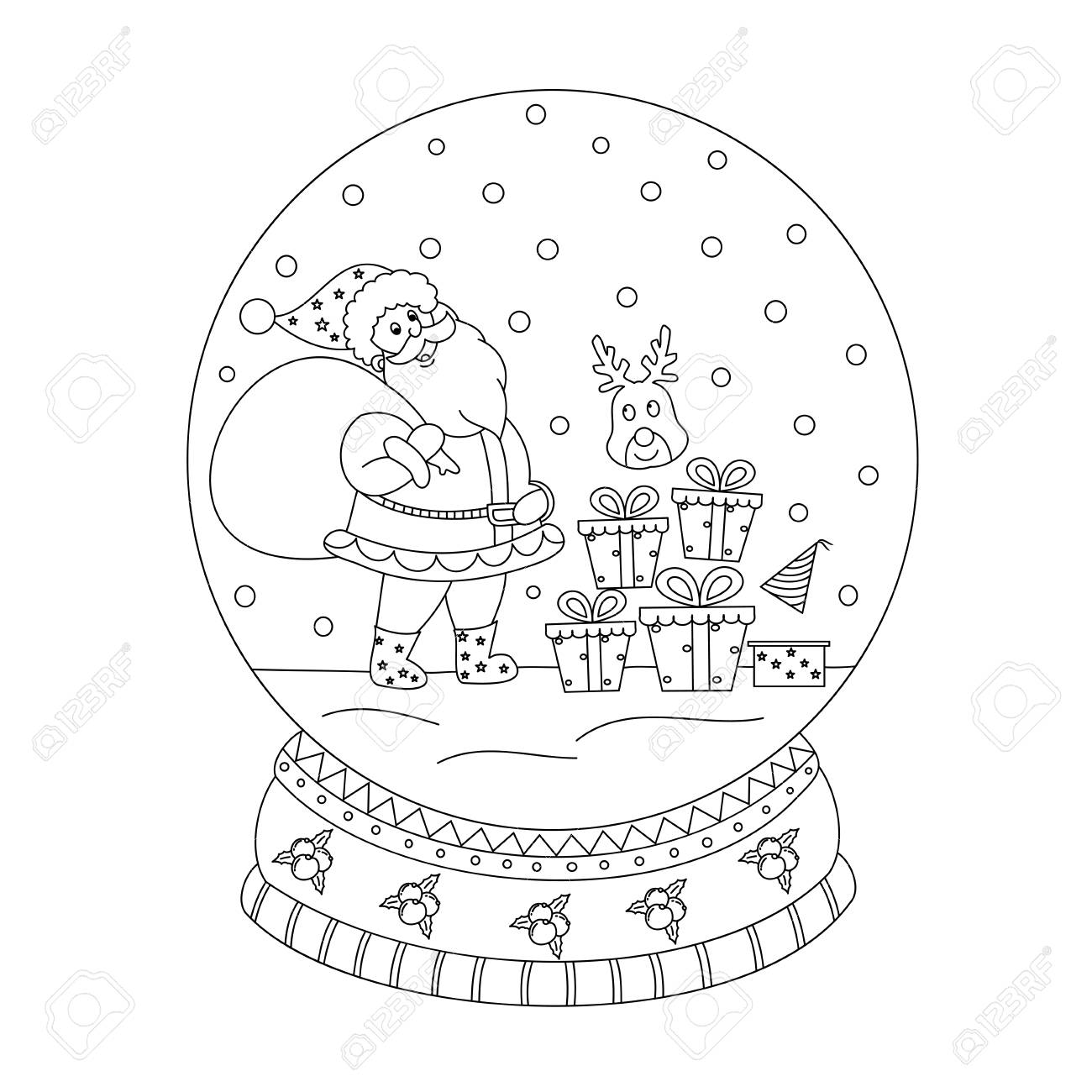 Coloring book page of christmas snow globe with santa claus hand drawn vector illustration royalty free svg cliparts vectors and stock illustration image