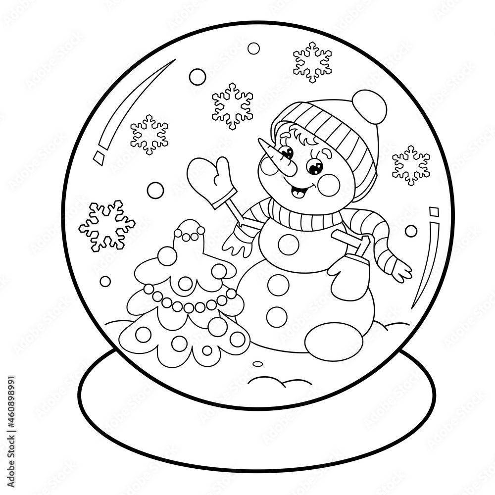 Coloring page outline of snow globe with snowman with christmas tree new year christmas coloring book for kids vector