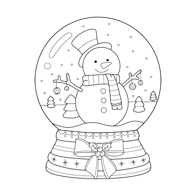 Premium vector snowglobe with snowman and trees coloring pages