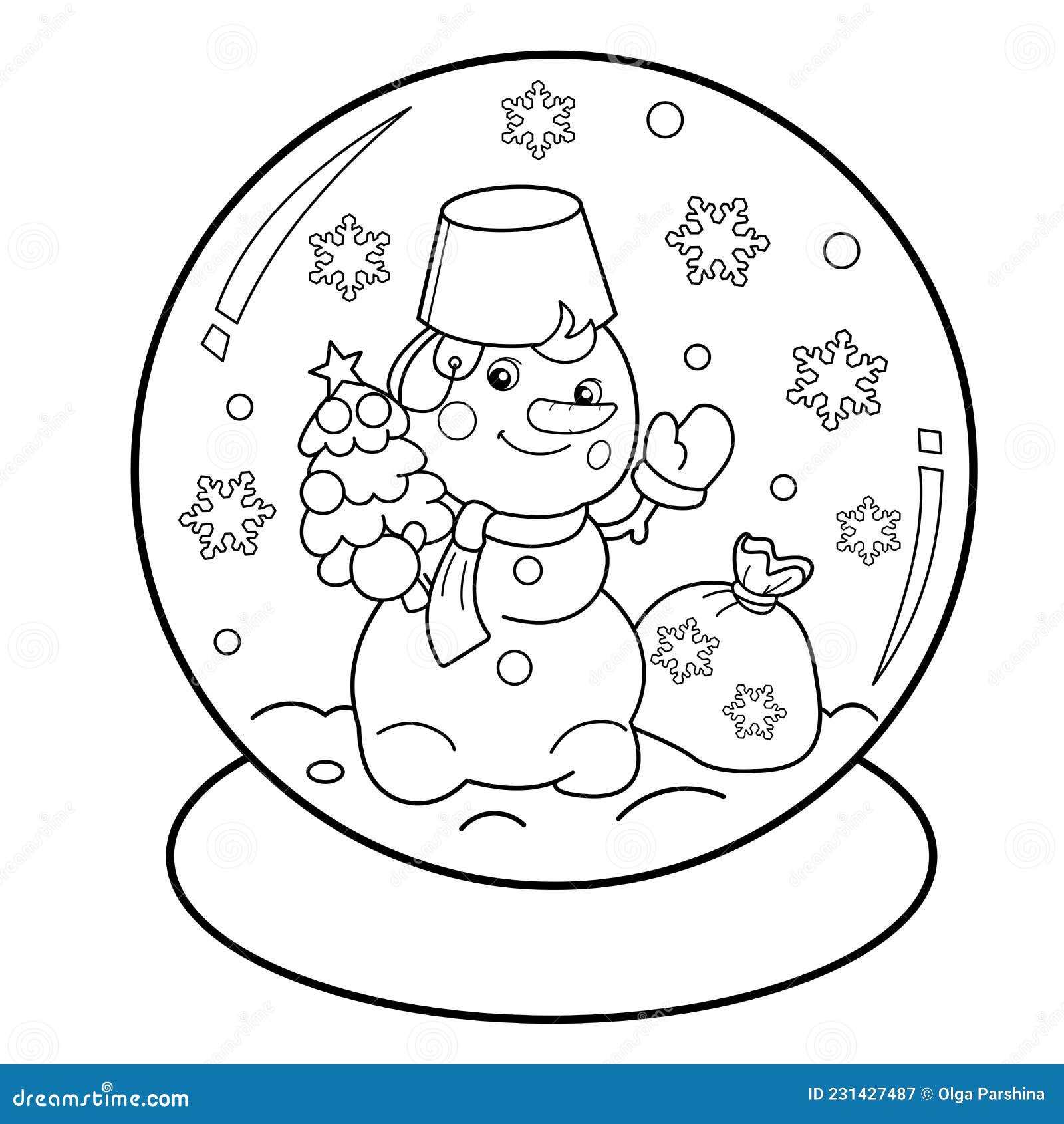 Coloring page outline of snow globe with snowman with gifts bag and christmas tree new year christmas stock vector