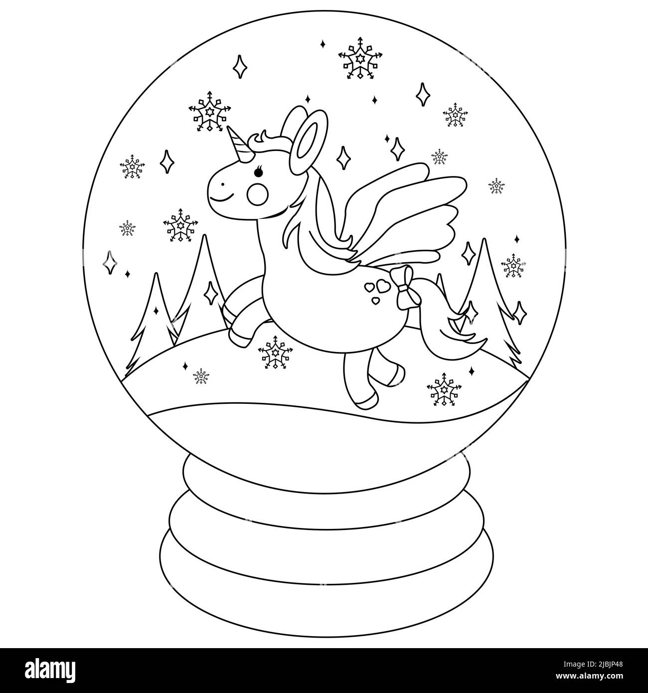 A beautiful unicorn inside a snow globe black and white coloring page stock photo