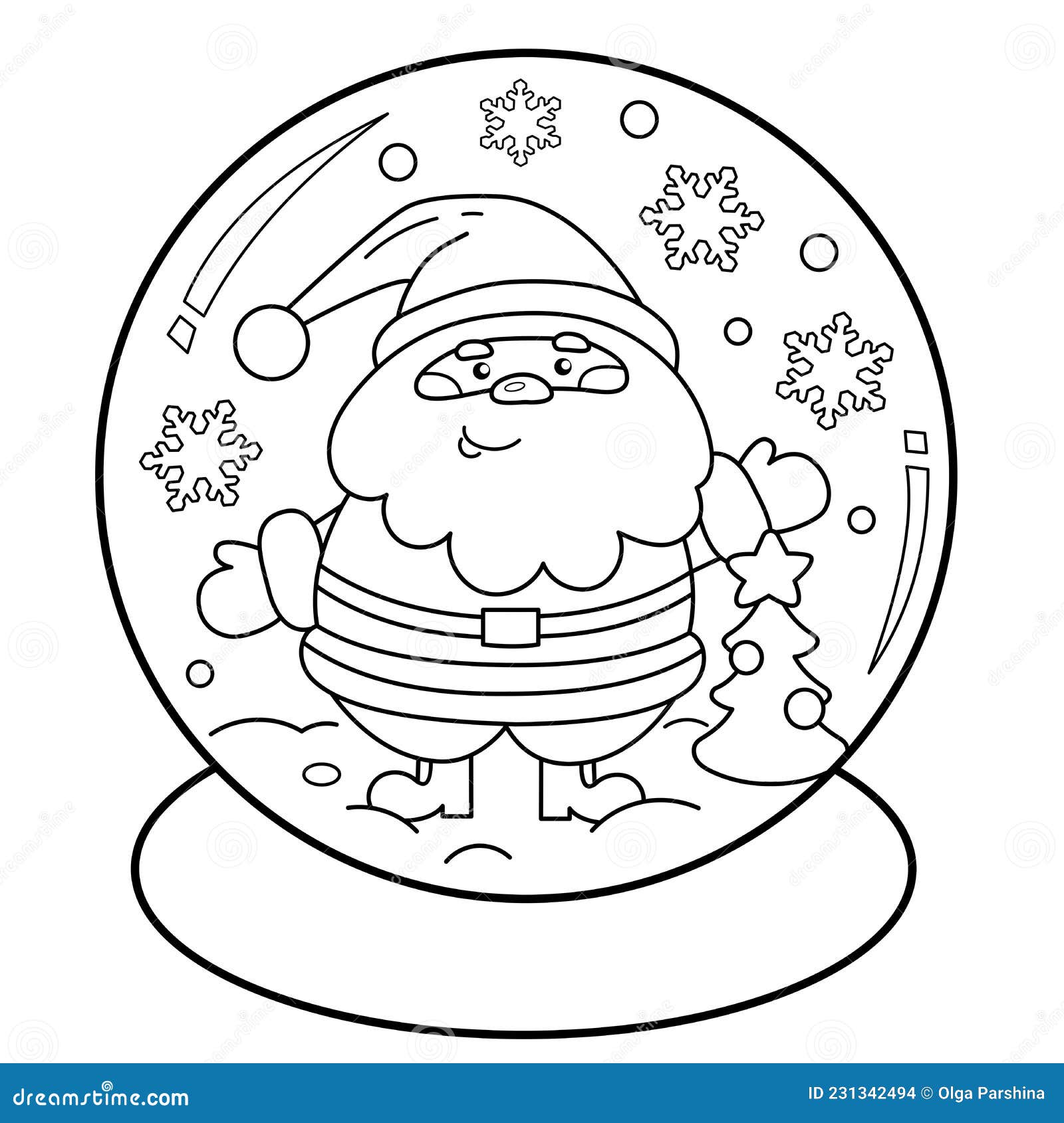 Coloring page outline of snow globe with santa claus with christmas tree new year christmas stock vector