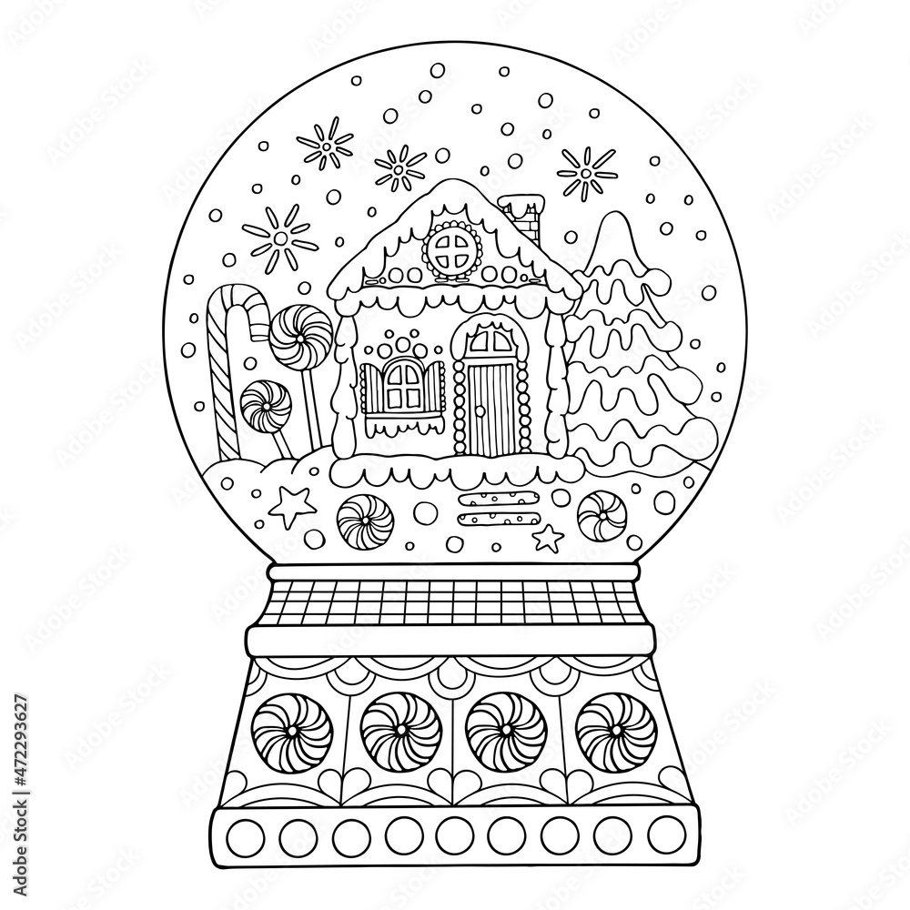 Coloring page snow globe thin line art a christmas gift winter decor hand drawn vector illustration isolated simple doodle element coloring book for children and adults vector