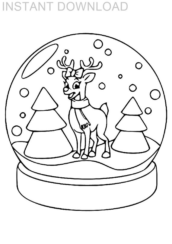 Printable x reindeer in snow globe kids coloring pageinstant downloaddigital fileplus bonus