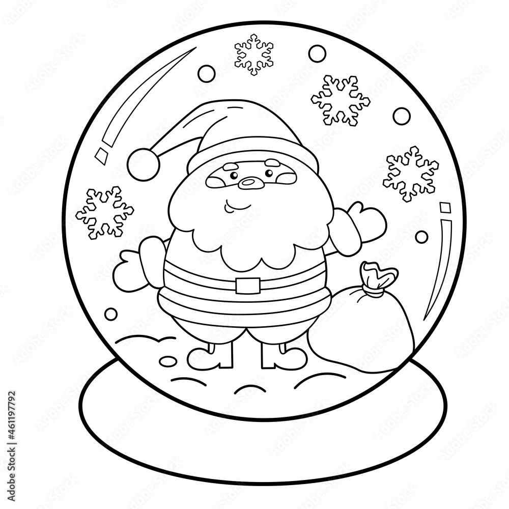 Coloring page outline of snow globe with santa claus with gifts bag new year christmas coloring book for kids vector