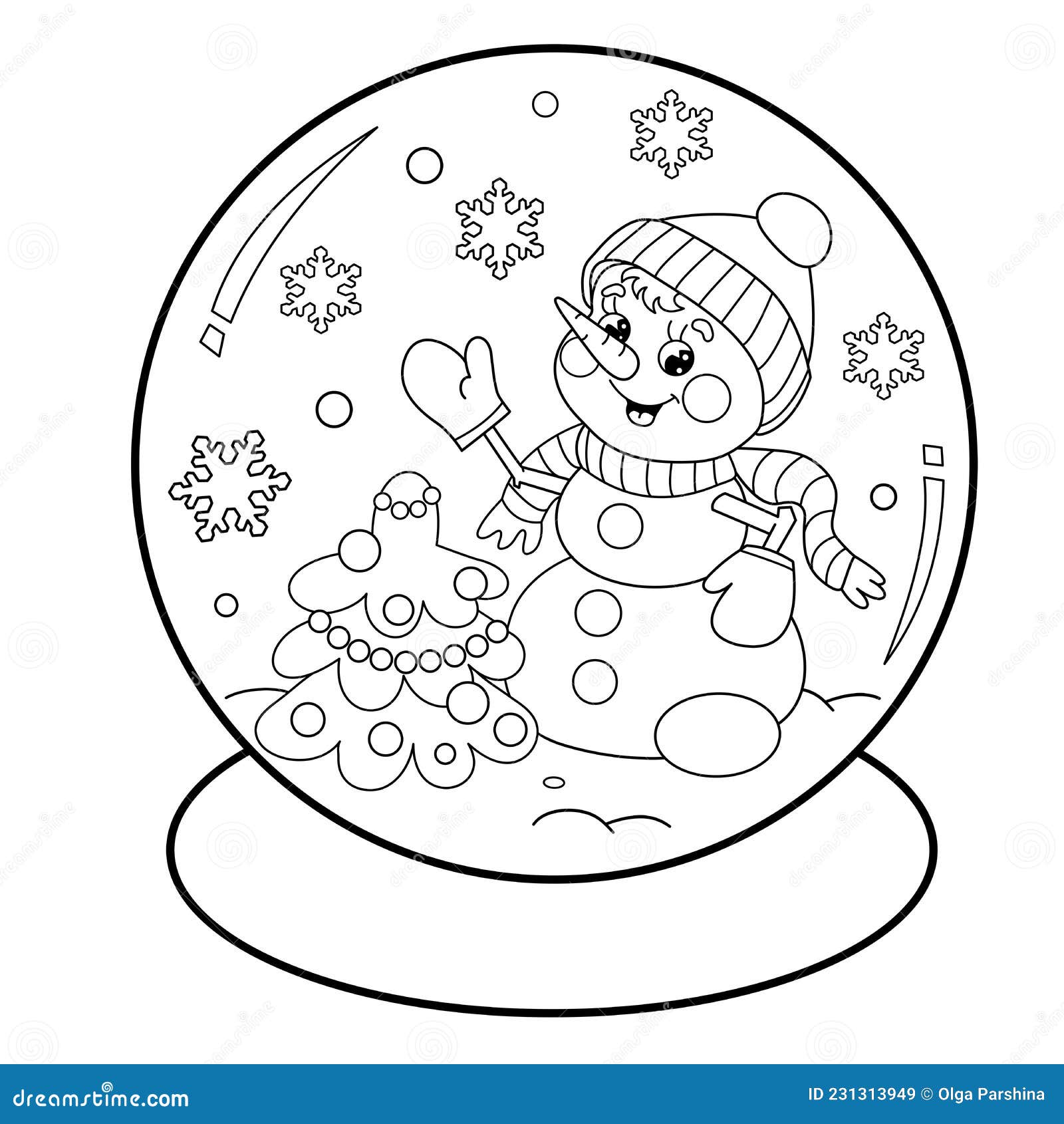 Coloring page outline of snow globe with snowman with christmas tree new year christmas stock vector