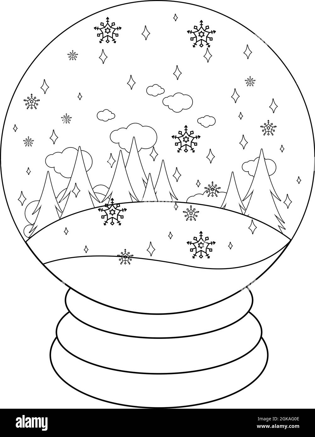 Winter landscape inside a snow globe vector black and white coloring page stock vector image art