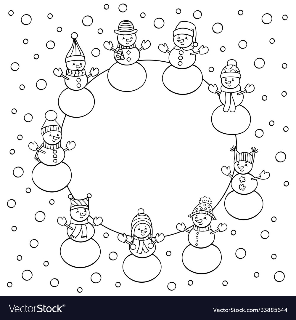 Frame with cute snowmen coloring page royalty free vector