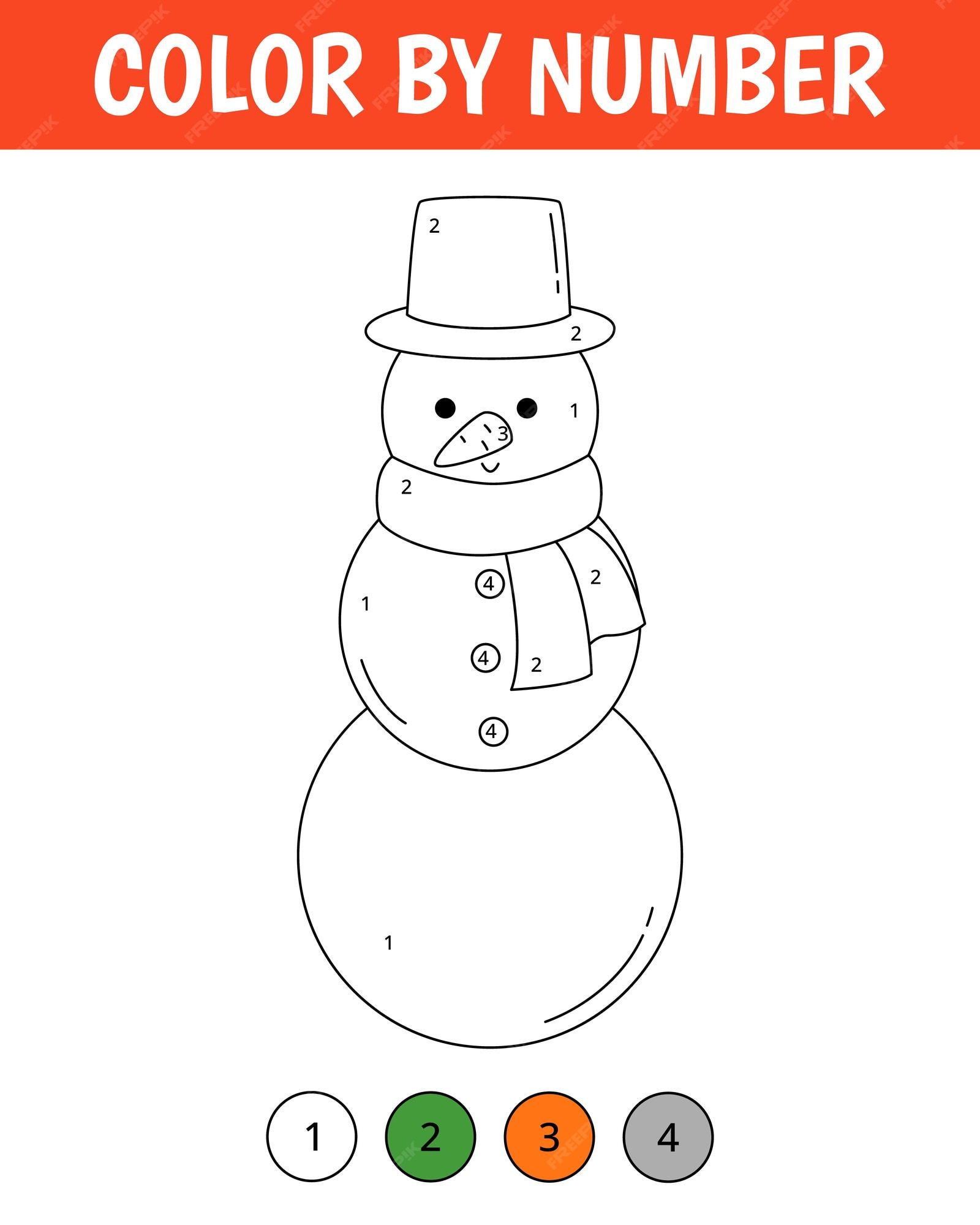 Premium vector color by number game for kids cute snowman christmas coloring page printable worksheet with solution for school and preschool learning numbers activity vector cartoon illustration