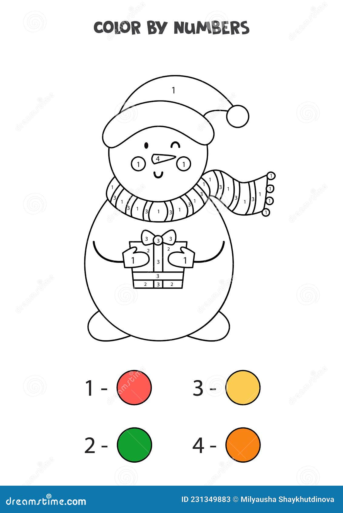 Color cute cartoon snowman by numbers worksheet for kids stock vector