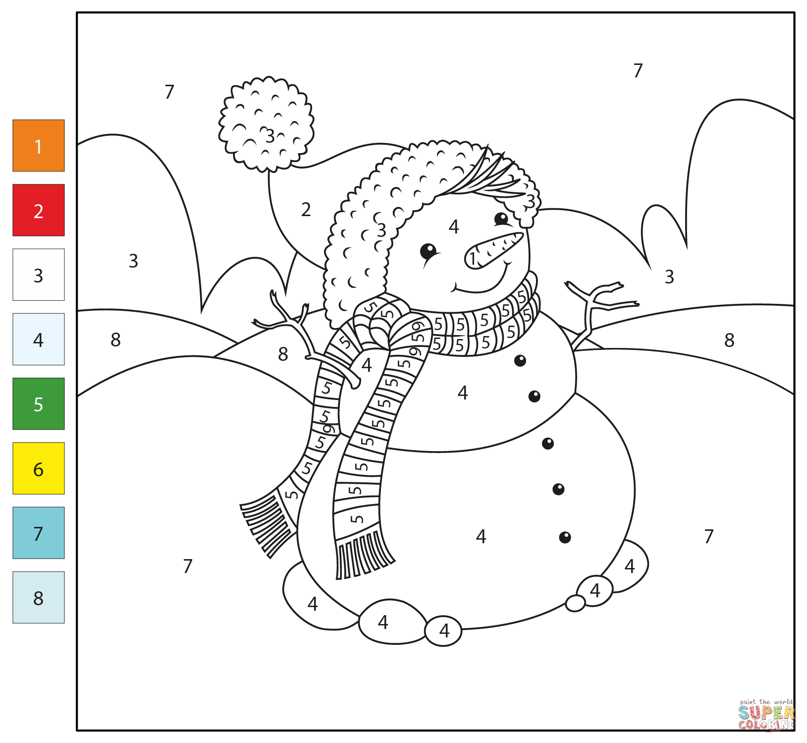 Christmas snowman color by number coloring page free printable coloring pages