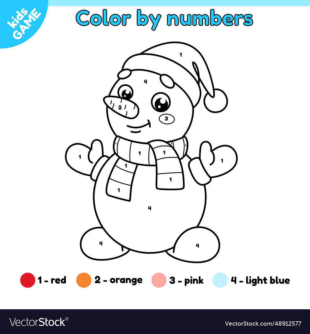 Kids coloring page by numbers with snowman in hat vector image