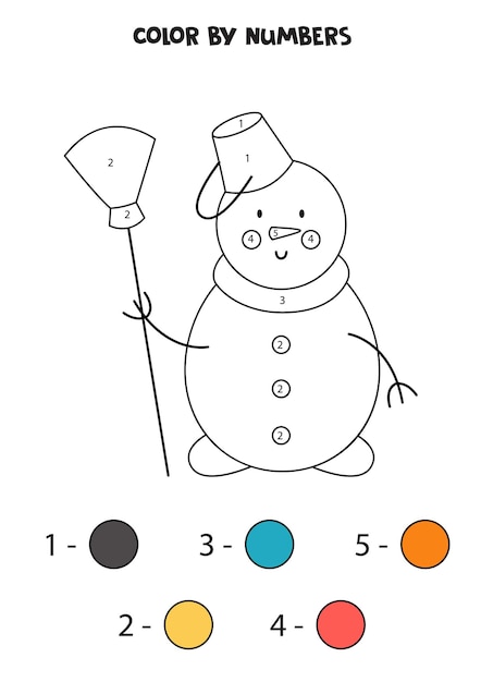 Premium vector coloring page with cute christmas snowman with broom color by numbers math game for kids