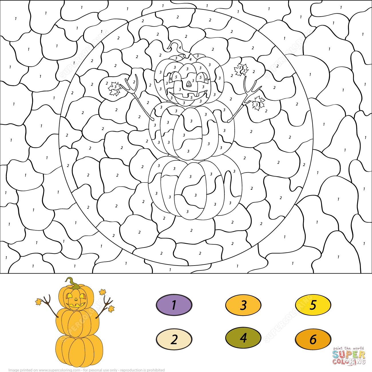 Pumpkin snowman color by number free printable coloring pages