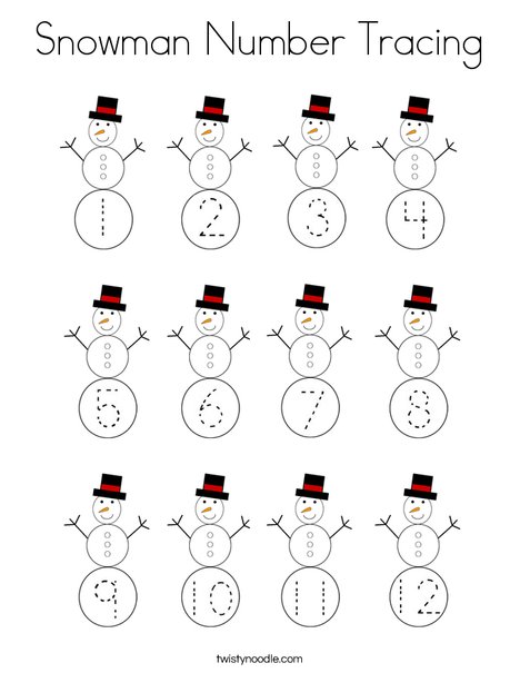 Snowman number tracing coloring page