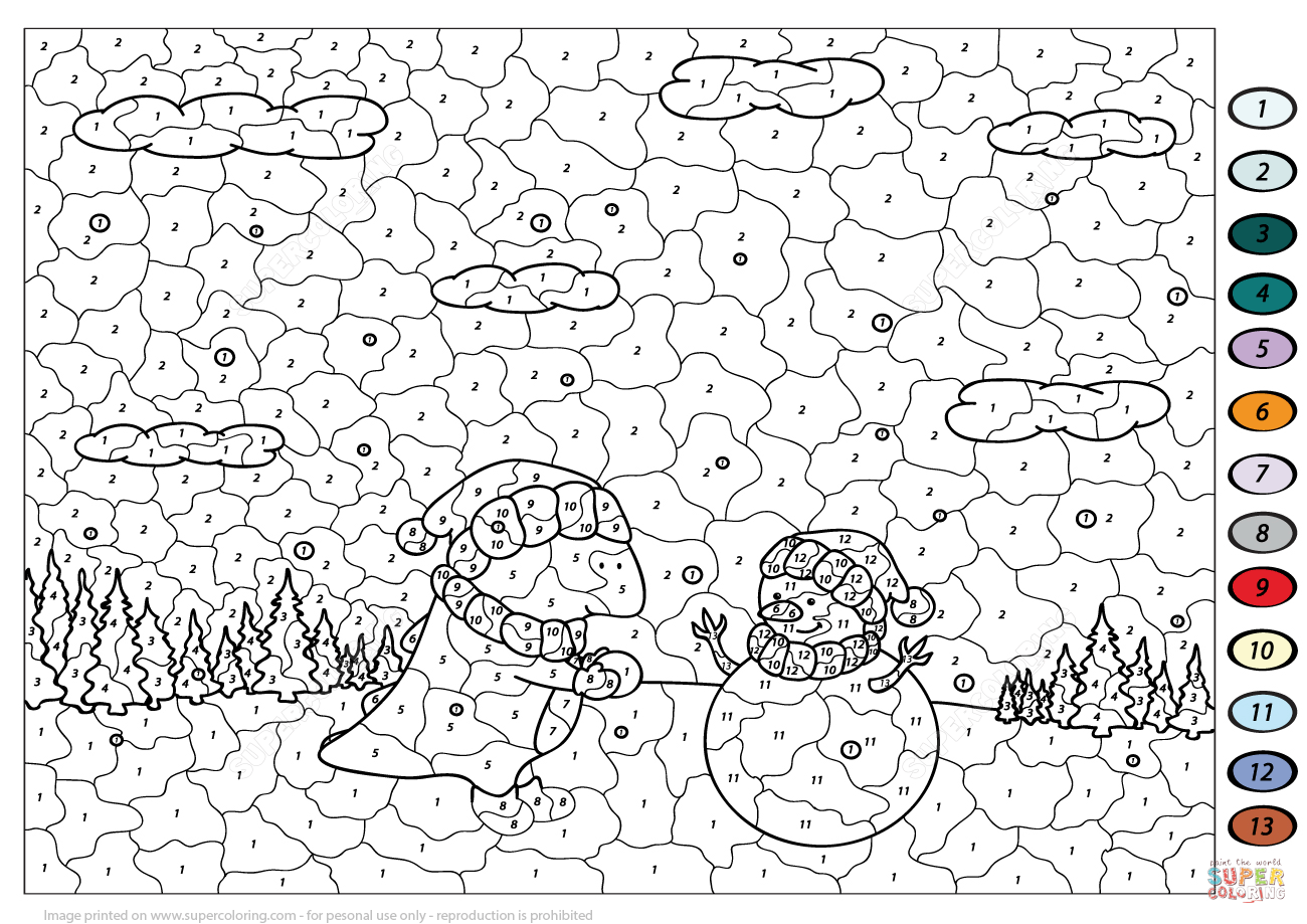 Purple dragon and cute snowman color by number free printable coloring pages