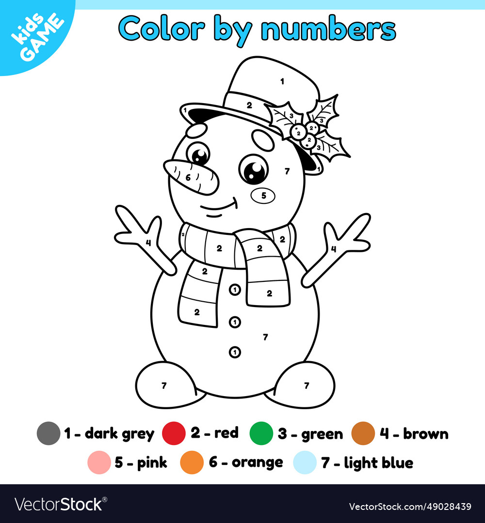 Kids coloring page by numbers with snowman in hat vector image