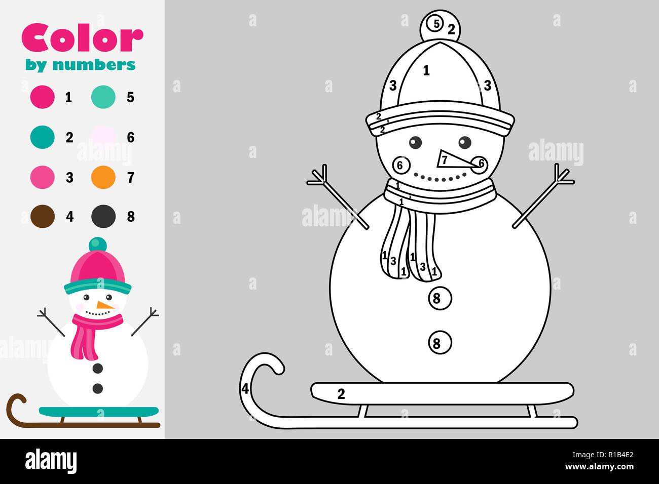 Snowman in cartoon style color by number christmas education paper game for the development of children coloring page kids preschool activity pri stock vector image art