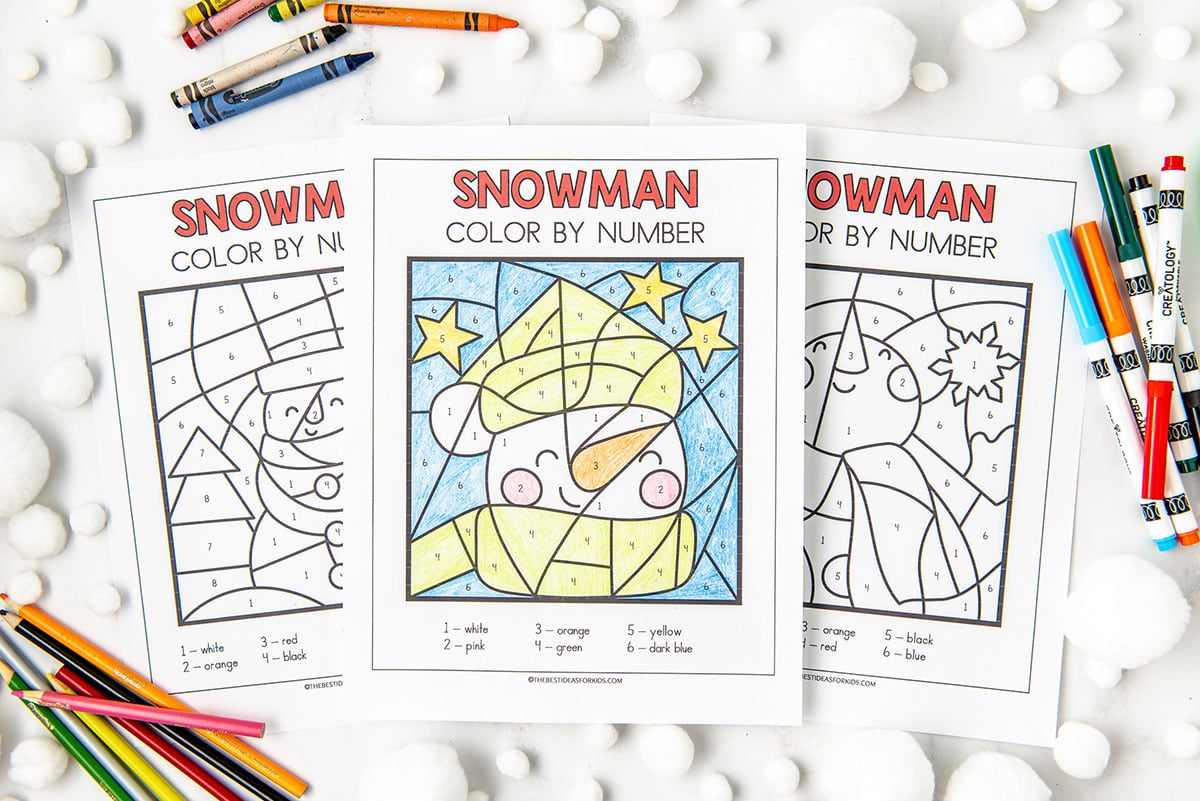 Snowman color by number free printables