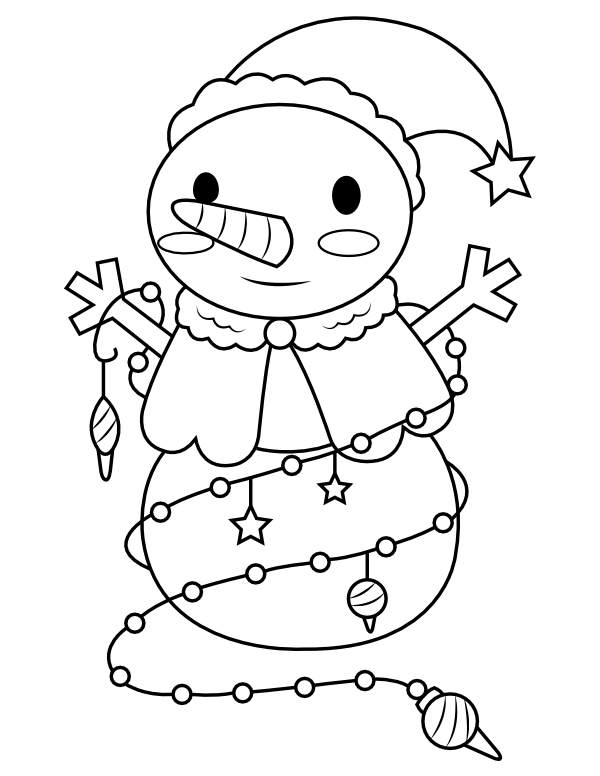 Printable snowman with christmas ornaments coloring page