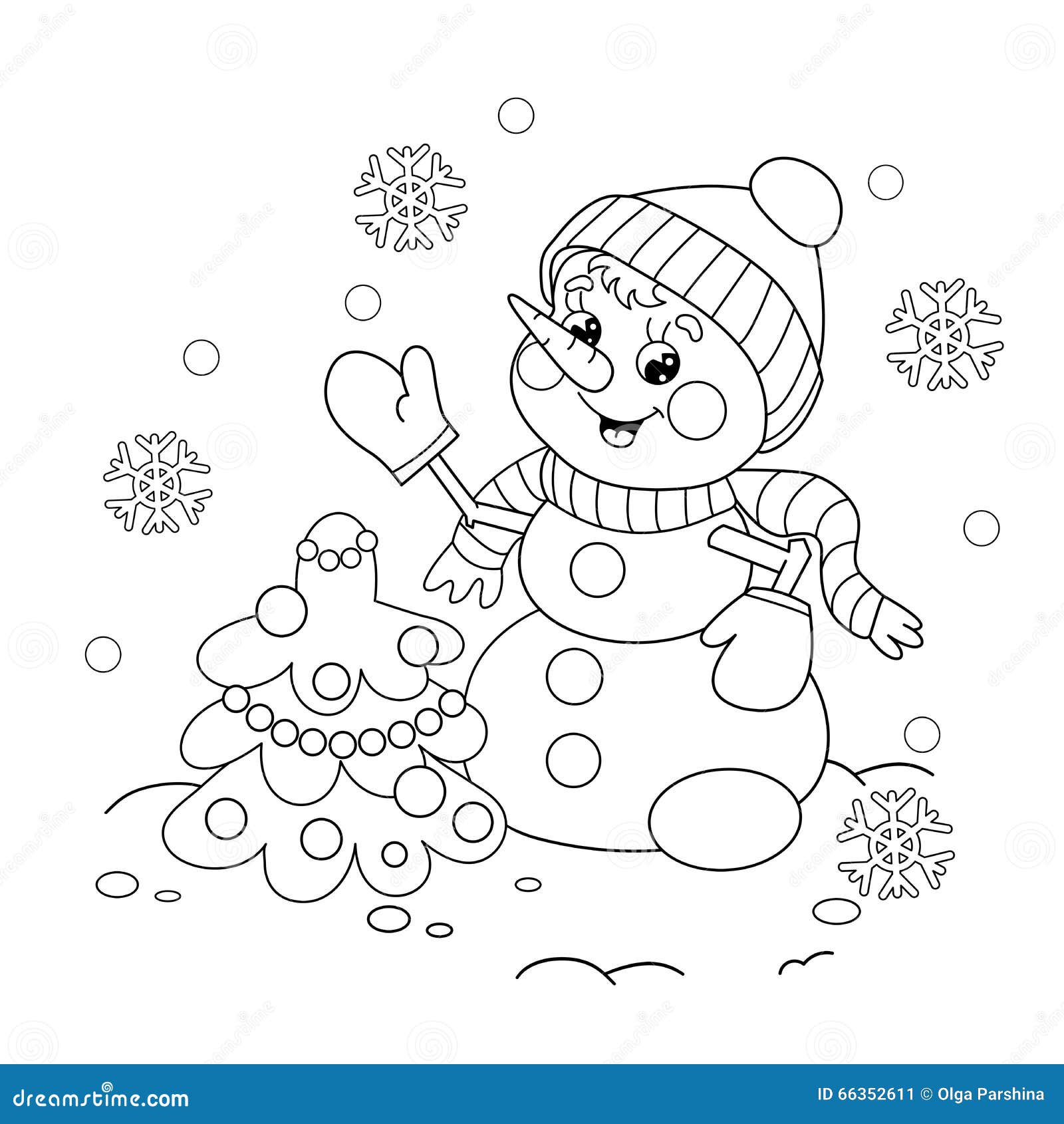 Coloring page outline of snowman with christmas tree stock vector