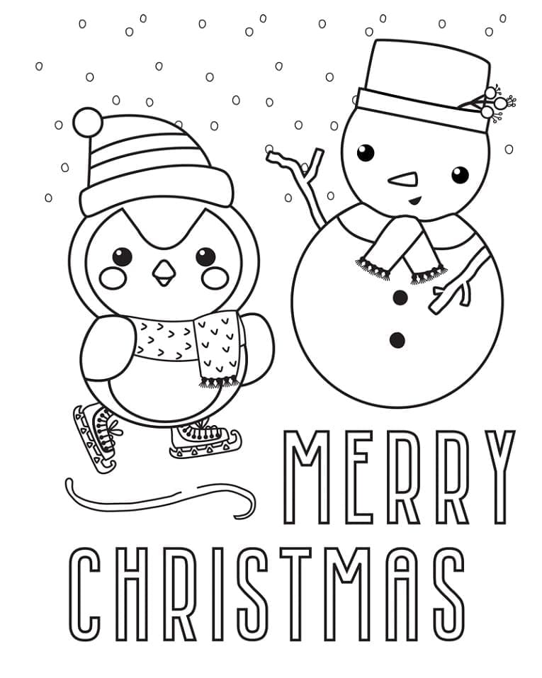 Cute christmas owl and snowman coloring page