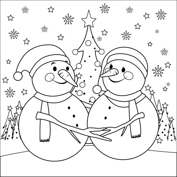 Cute christmas snowmen vector black and white coloring page stock illustration