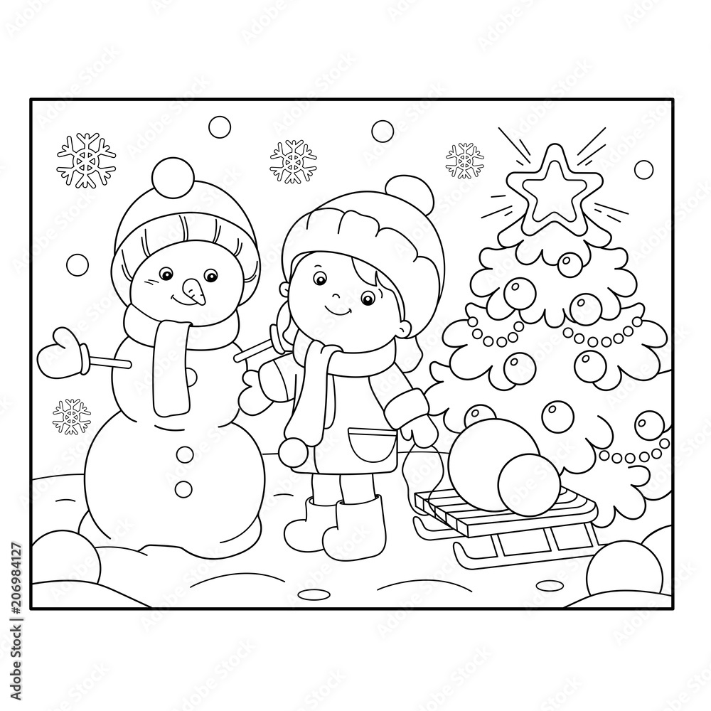 Coloring page outline of girl with snowman and christmas tree christmas new year coloring book for kids vector