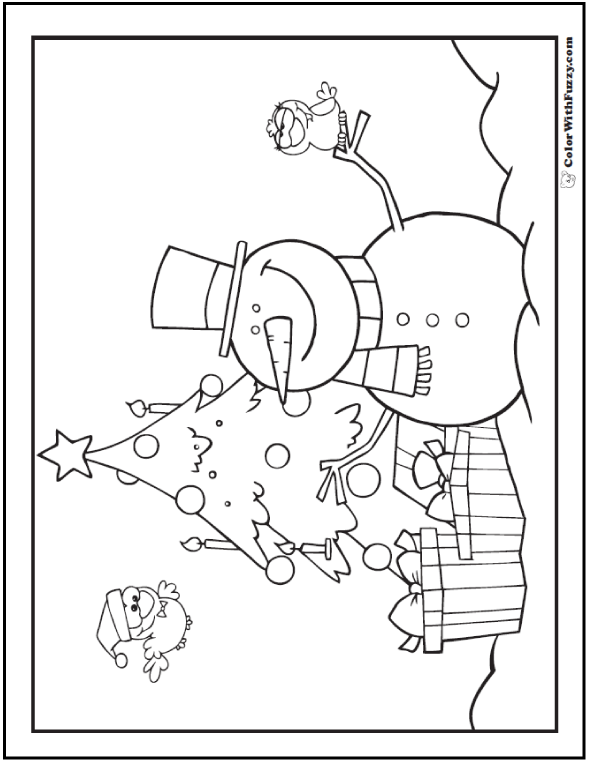 Snowman christmas tree gifts coloring picture