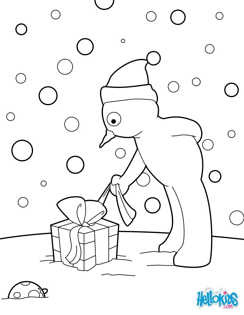 Snowman opens his christmas gift coloring pages