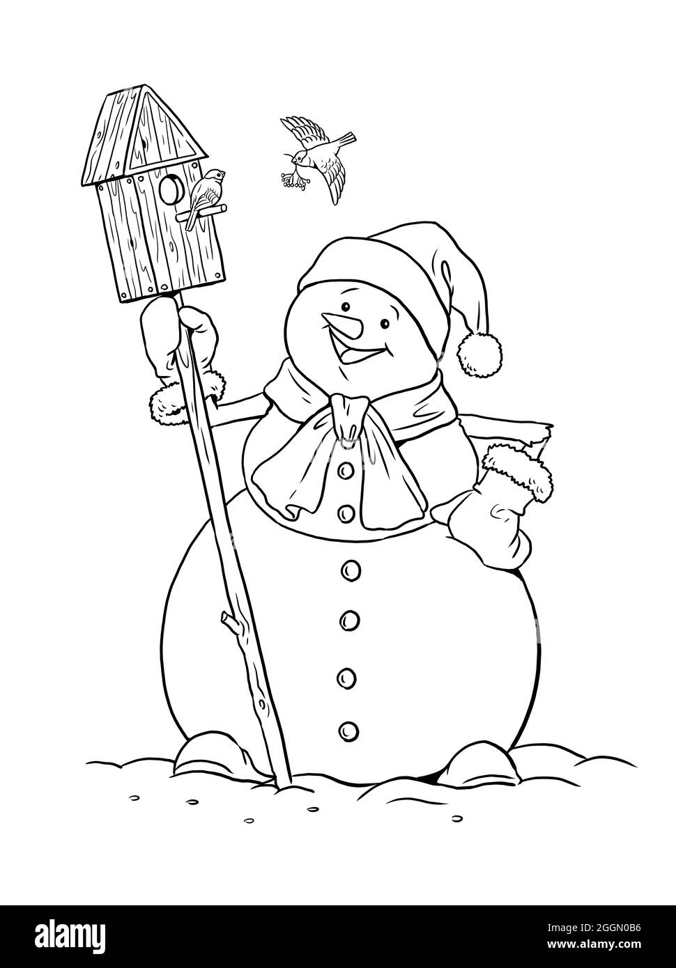 Funny snowman for coloring santa claus friend wishes merry christmas digital drawing stock photo