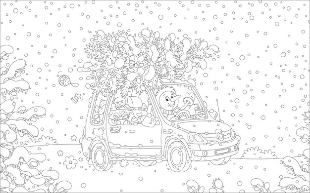 Premium vector greeting card with a funny snowman in a car with a snowy christmas tree holiday gifts and sweets