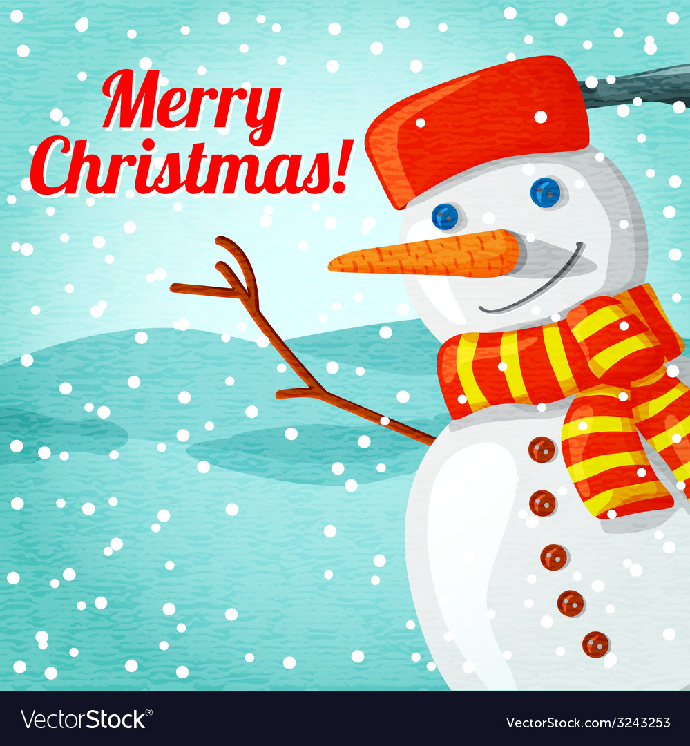 Merry christmas greeting card with cute snowman vector image