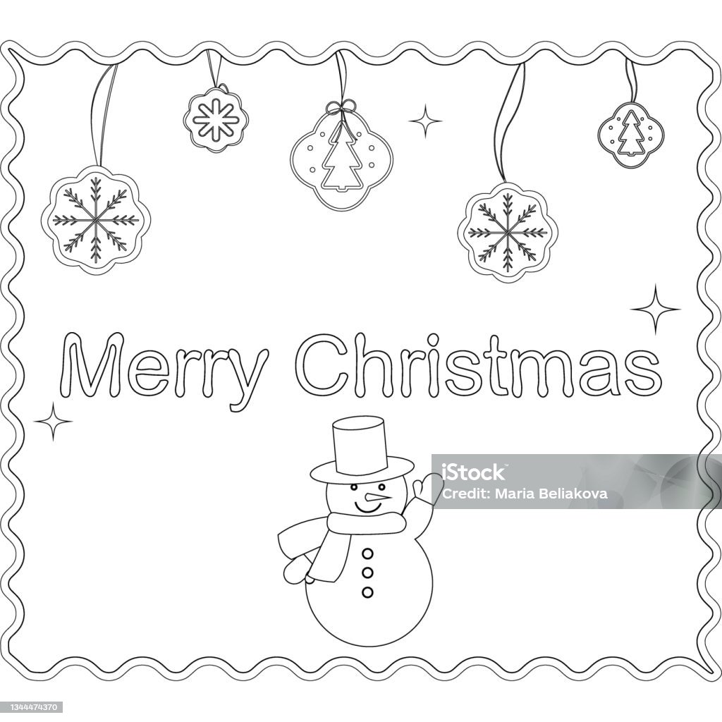 Coloring postcards wishing a merry christmas the holiday is christmas and new year a sketch with a snowman snowflakes a christmas tree a greeting on a white background stock illustration