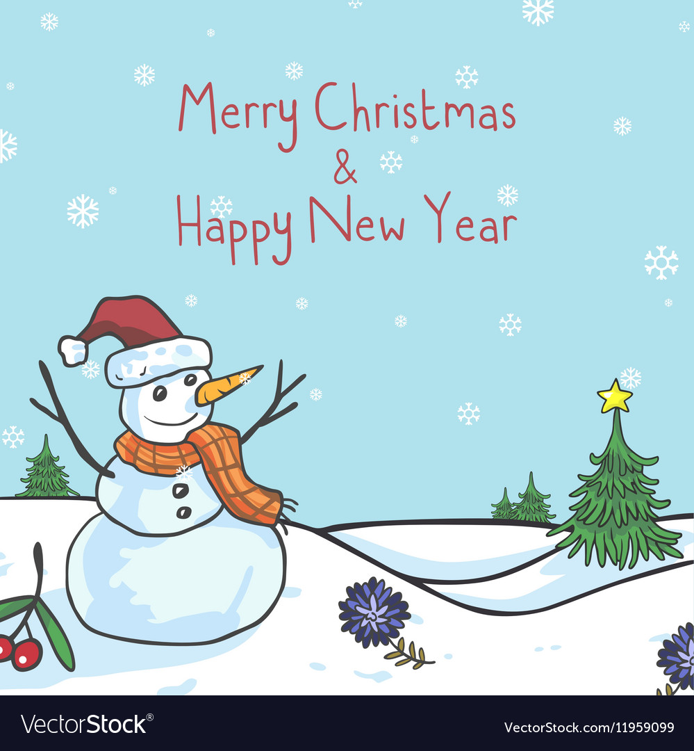 Snowman christmas greeting card cute cartoon vector image