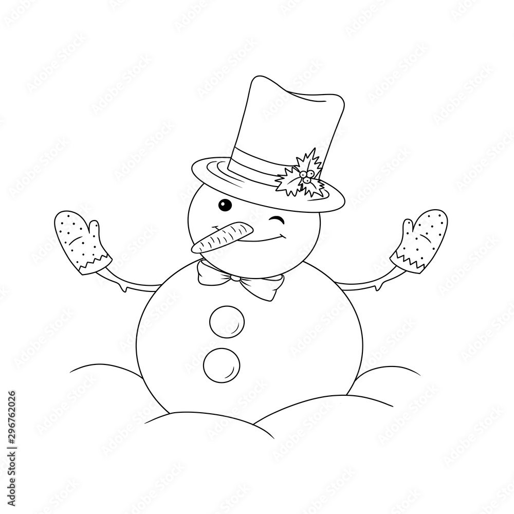 Outline cartoon snowman with bow tie mittens and hat coloring hand drawn page merry christmas and new year winter line art illustration for greeting card postcard invitation flyers and web